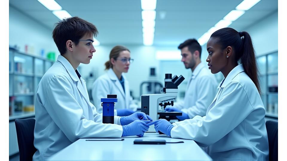 Scientists in lab coats working with advanced equipment in a modern biotechnology laboratory, signifying innovation.