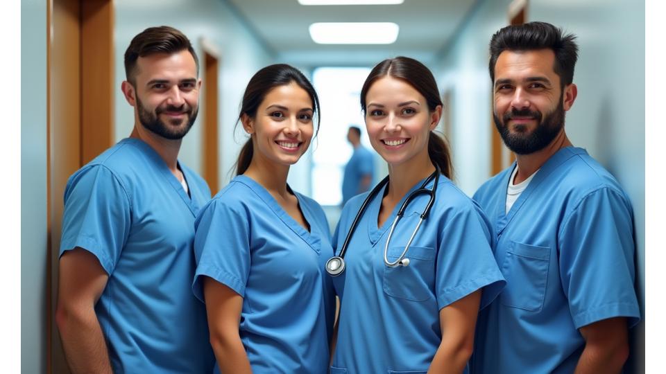 A diverse group of medical professionals, including nurses, doctors, and lab technicians, standing confidently together in a hospital corridor.