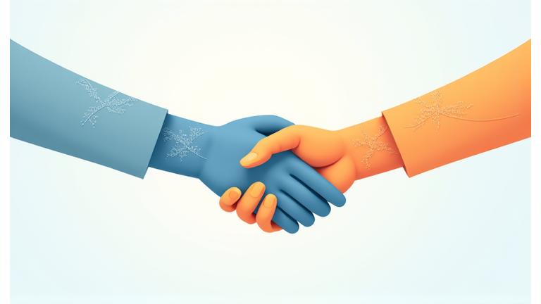 Illustration of two hands shaking over a complex network diagram, symbolizing mutual agreement and interconnected responsibilities.